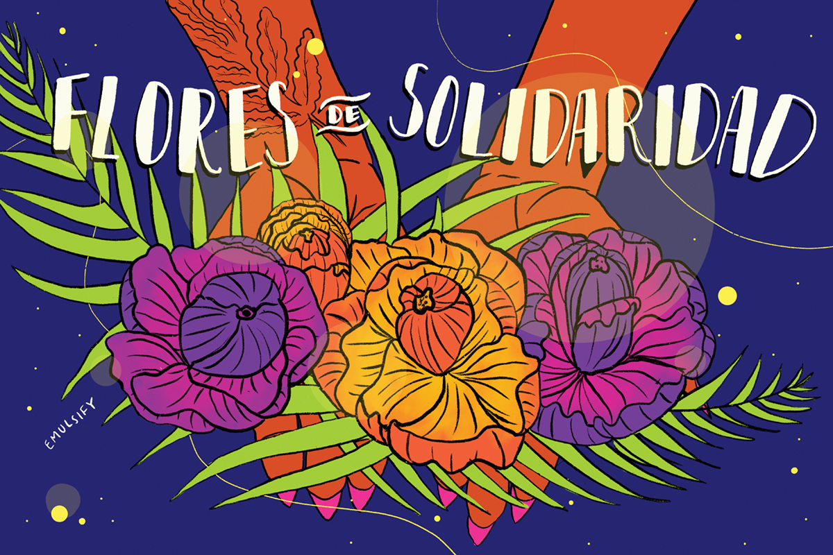 Illustration of two outstretched brown hands with long pink nails, holding purple and yellow peony flowers with green leaves. The arm on the left has a tattoo of leaves. The background is a navy blue with yellow speckles. White text across the top reads “FLORES DE SOLIDARIDAD”, which translates to “FLOWERS OF SOLIDARITY”.