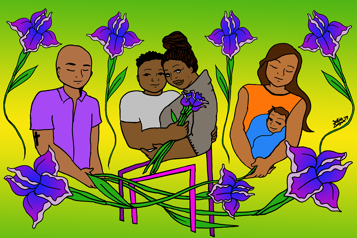 Five people against a bright green background, surrounded by purple and blue iris flowers. In the middle is a Black lesbian couple embracing each other and holding a bouquet of irises. To their right is a mother embracing a baby and holding the stem of a large iris flower. To the left is a bald man holding a large iris flower. On the bottom are purple gates with flowers going through them.