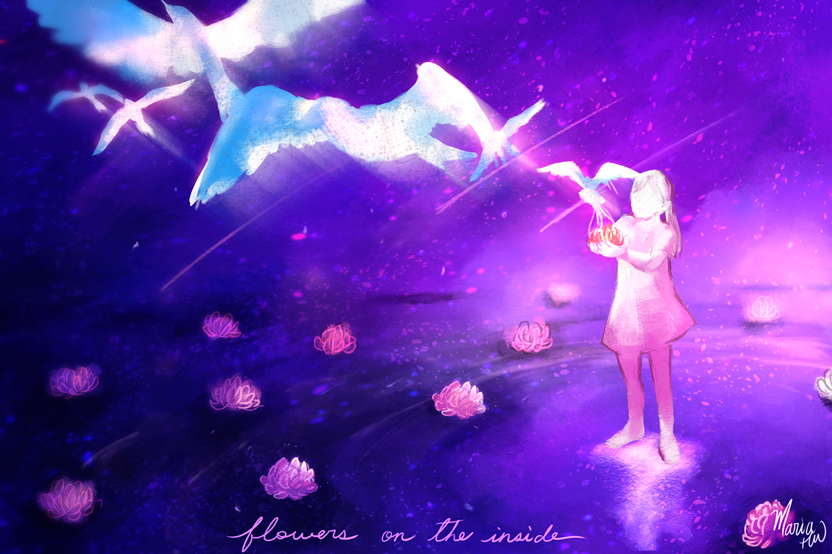 Illustration of a young person stretching her hands forward. In her hands are red-orange flowers that turn into cranes, growing in size as they fly towards the upper-left corner of the illustration. The background is universe-like, mixing purple, pink, and blue hues and speckles. Ripples of water surround the young girl’s feet as pink Chrysanthemums float in the water.. The cursive text on the bottom reads “FLOWERS ON THE INSIDE”